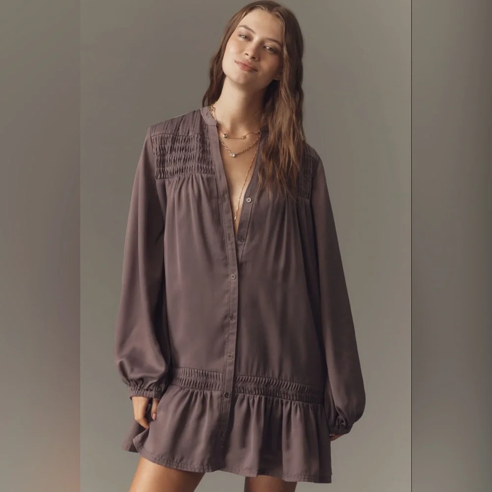 Pilcro Long-Sleeve V-Neck Mini Shirt Dress in Shark - Picture 1 of 4